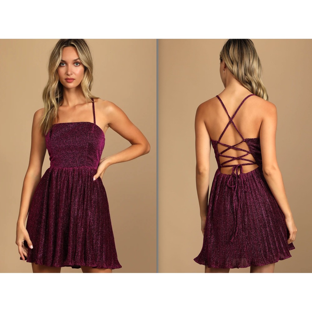 NWT Lulus Mini Dress MEDIUM Magenta Purple Metallic Pleated Lace Up Party New